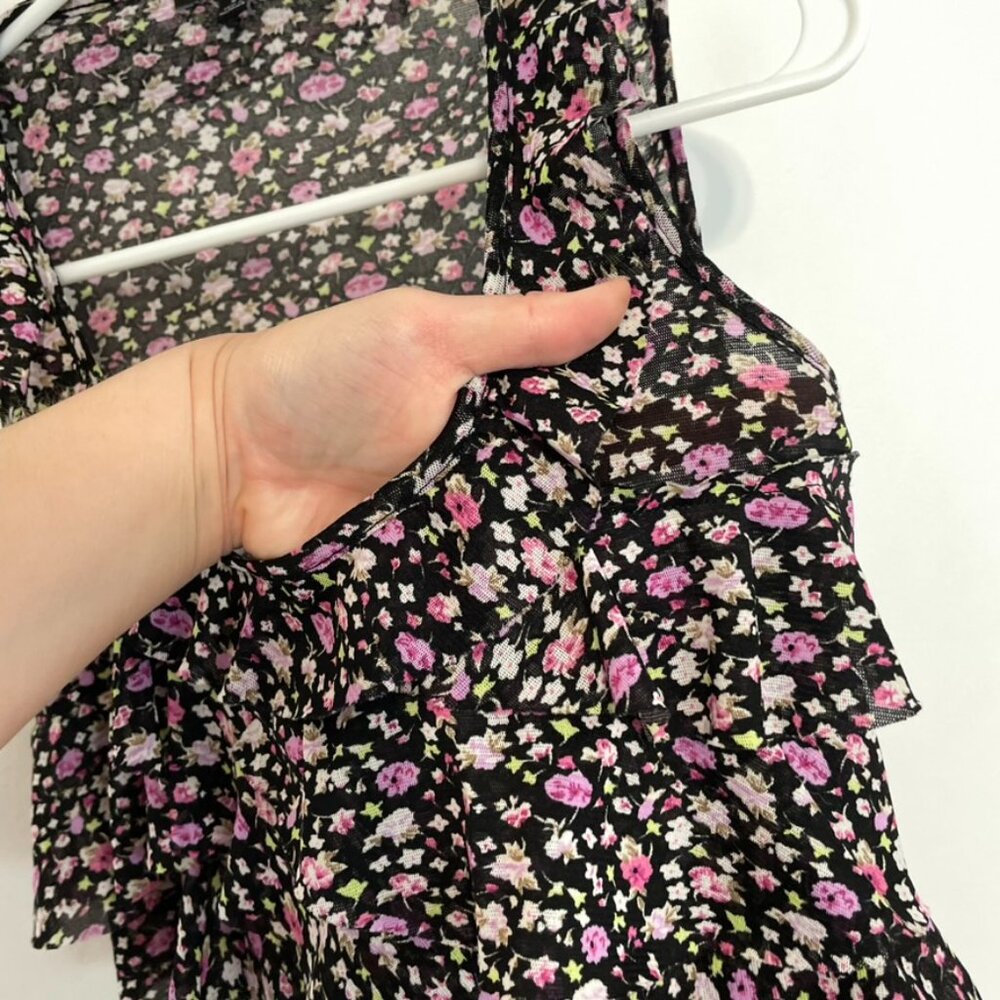 EXPRESS Black Purple Floral Mesh Tiered Ruffle Sleeveless Y2K Tank Blouse Top S - Picture 5 of 12